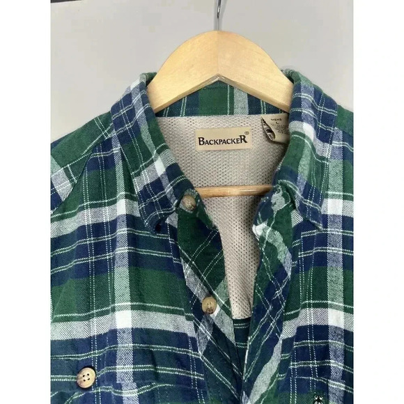 Backpacker Mens LARGE Sports Flannel Plaid Shirt Vented Outdoor Green button up - Picture 3 of 8
